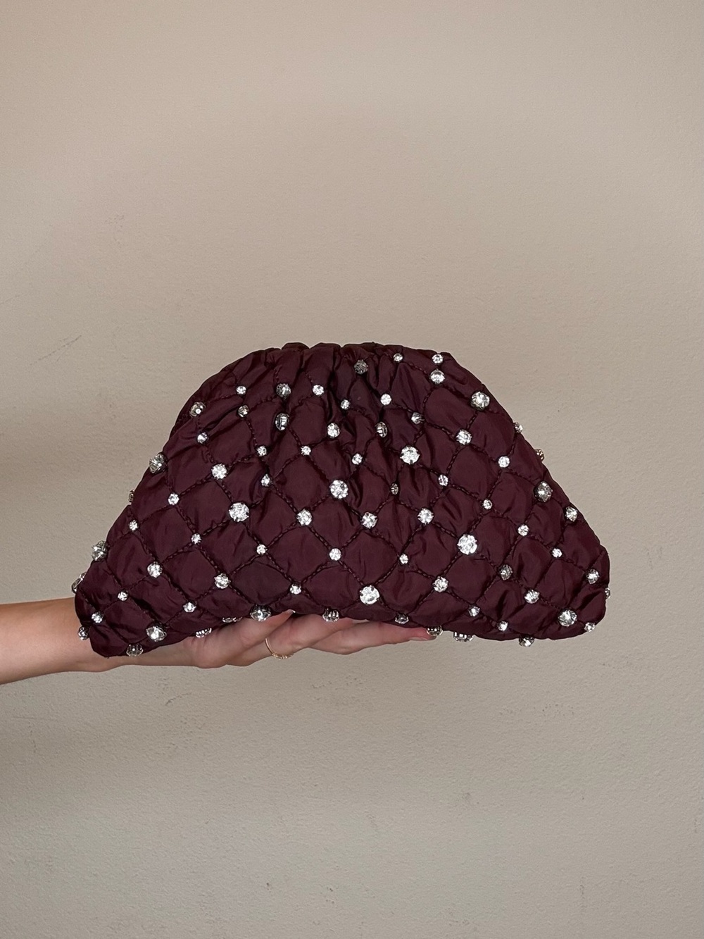 Maria La Rosa Quilted Nylon and Crystal-Embellished Clutch in Wine